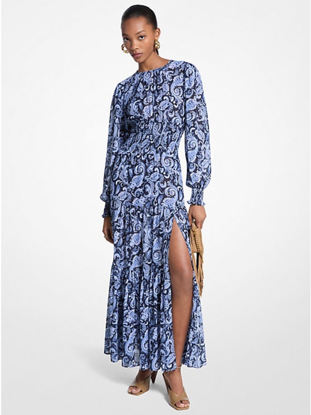 MICHAEL Michael Kors Blue Paisley Long-Sleeve Maxi Dress with Side Slit